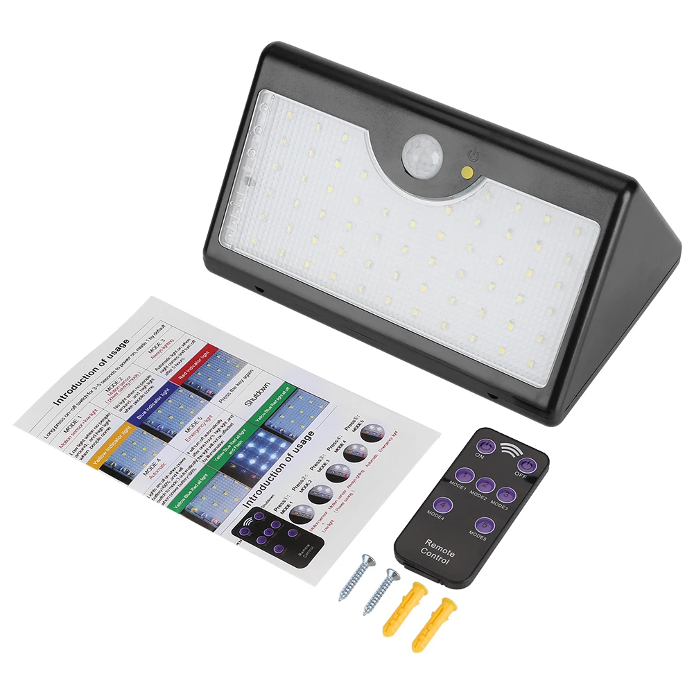 

5 Modes Remote Control 60 LED Solar Power PIR Motion Sensor Light Outdoor Wall Lamp Cool White