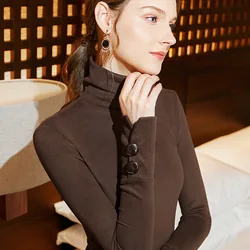 Women's New Fall Winter 2021 Coffee Color with Long Sleeve T-Shirt Slim Solid Clothes Black High Collar Thermal Underwear Tops