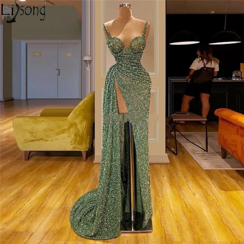 

Sparkly Sequins Prom Dresses Sexy High Split Spaghetti straps Formal Evening Dress Dubai Turkey Arabic Party Gowns Plus Size