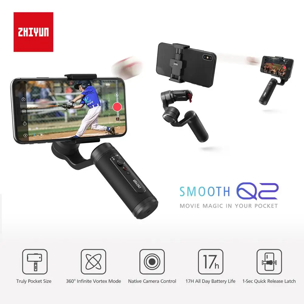 Zhiyun Smooth 4 Q2 Vlog Live 3-Axis Handheld Smartphone Gimbal Stabilizer  for iPhone Xs Max X 8 7& Samsung S9,S8 & Action Camera – Vlog Accs