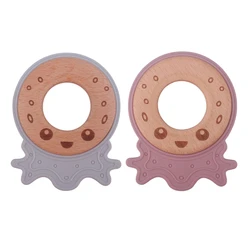 Baby Silicone Teether Cartoon Animal Octopus Wooden Ring Rattle Nursing Teething Chewing Toy Molar Soother BPA Free Shower