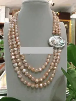 

3 row 8-9mm pink Baroque cultured Freshwater Pearl Necklace 19-21"
