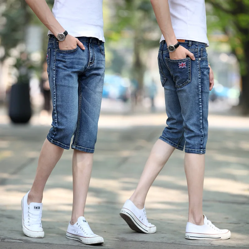 Summer 2021 MEN FASHION Casual Clothes For Teenagers Slim Denim Blue Flag Cropped Jeans Men\'s Breeches Denim Calf Length Pants