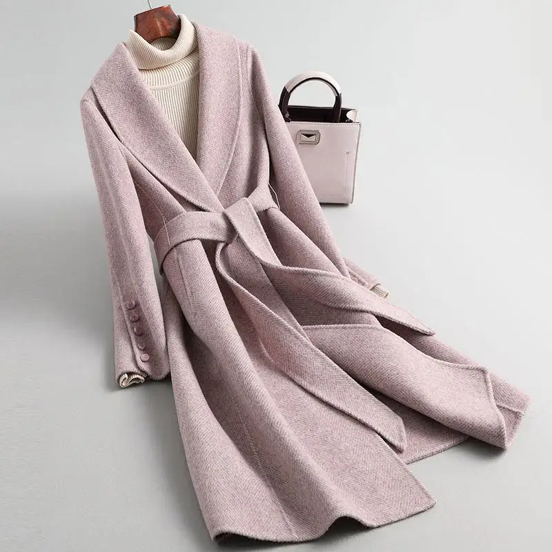 pink Женские осенние зимние однотонные ленты длинное шерстяное пальто женское пальто с узором «елочка» Новая Двусторонняя кашемировая верхняя одежда N78 - Цвет: pink