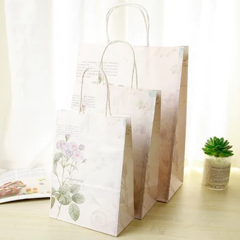 

10pcs/lot Cute Rose Daffodil Lily Lavender Paper Bag With Handles Food Packing Bag Kraft paper Decoration Gift Bags 21x15x8cm