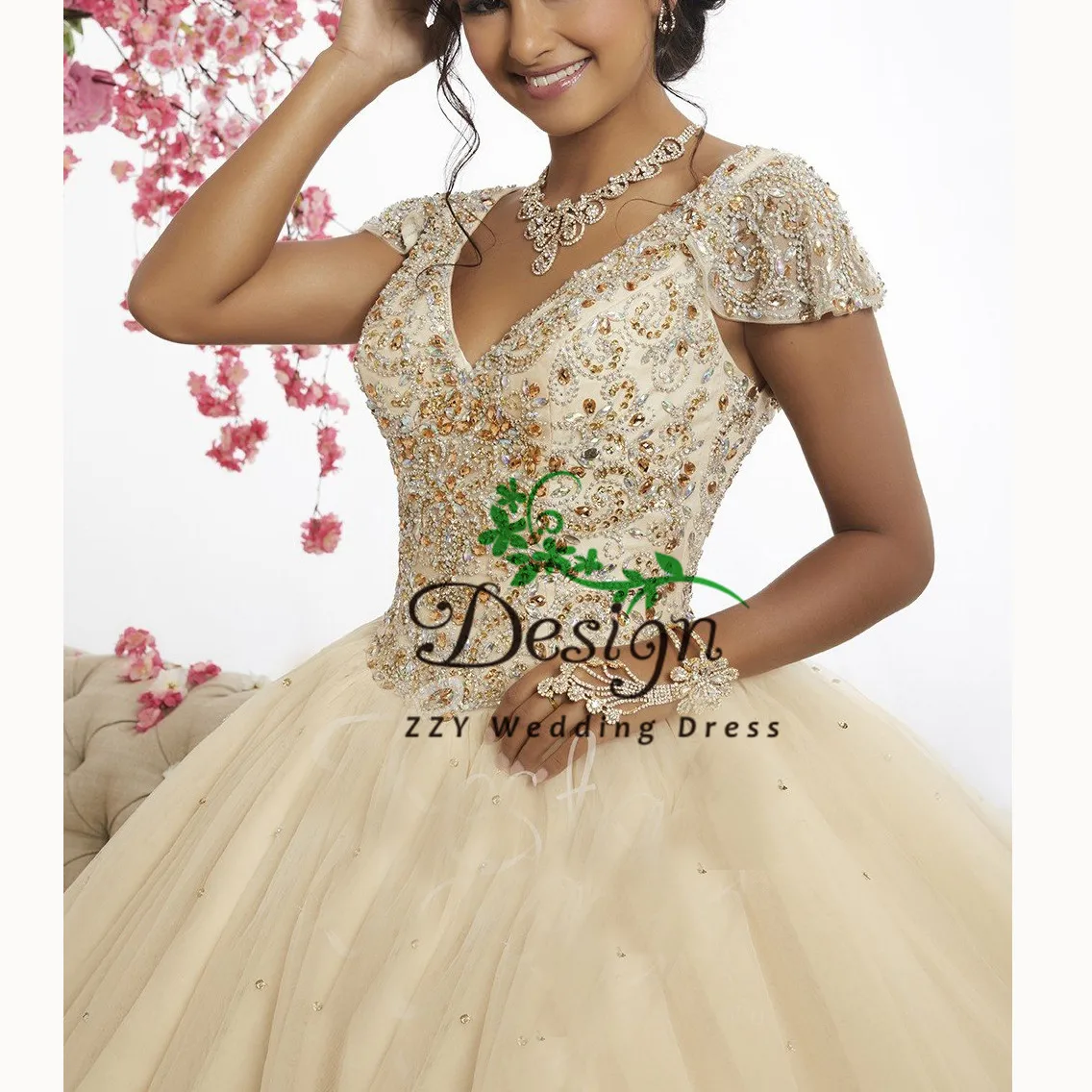 Vestidos de 15 anos quinceanera глубокий v-образный вырез бисер кристаллы тюль на заказ Пышное Платье с аппликацией милое 16 платье