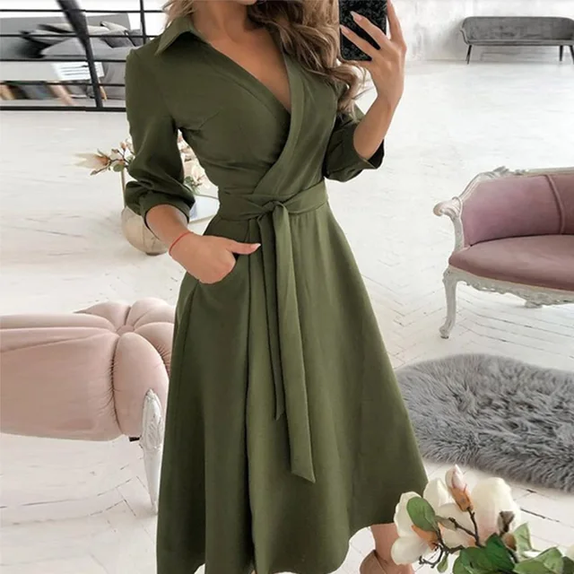 Elegant Women Point Print Party Dress 2021 Summer Sexy V Neck Pocket Long Dress Ladies Casual Long Sleeve Lace-Up Belted Dress 5