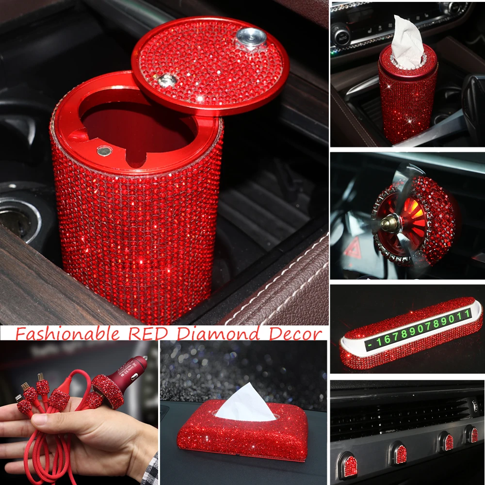 Red Bling Car Accessories for Women Interior Cute Set Girls USB Charger