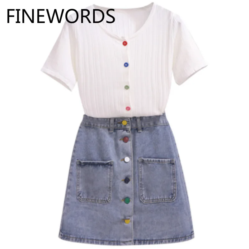 

FINEWORDS 2 Piece Set White Knitted Tops And Colorful Button Denim Skirts Summer Outfits For Women Korean Two Piece Skirt Set