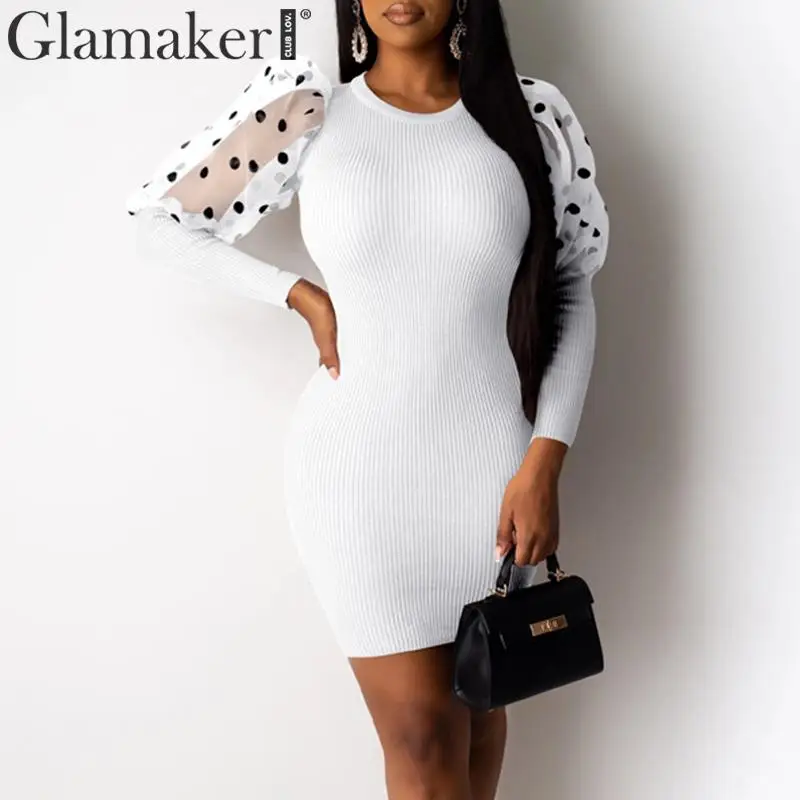 

Glamaker Black dot mesh patchwork knitted dress Women puff sleeve elegant office dress Sexy transparent party dress plus size