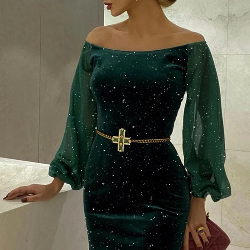 Fora do Ombro Vestido de Veludo Vestido de Festa Mulheres Elegante Slash Neck Verde Bodycon Vestidos 2022 Primavera Sexy Outono Senhoras Manga Longa 2 High Quality Moda Feminina