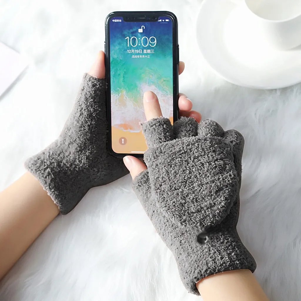 Gray Зимние ручные парные простые морозостойкие перчатки с коралловым флисом перевернутые перчатки на половину пальца W1209 - Цвет: Gray