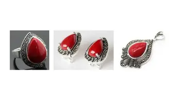 

Lady's designed Red Coral Carved Lacquer Marcasite 925 Sterling Silver Ring(#6-9) Earrings & Pandent