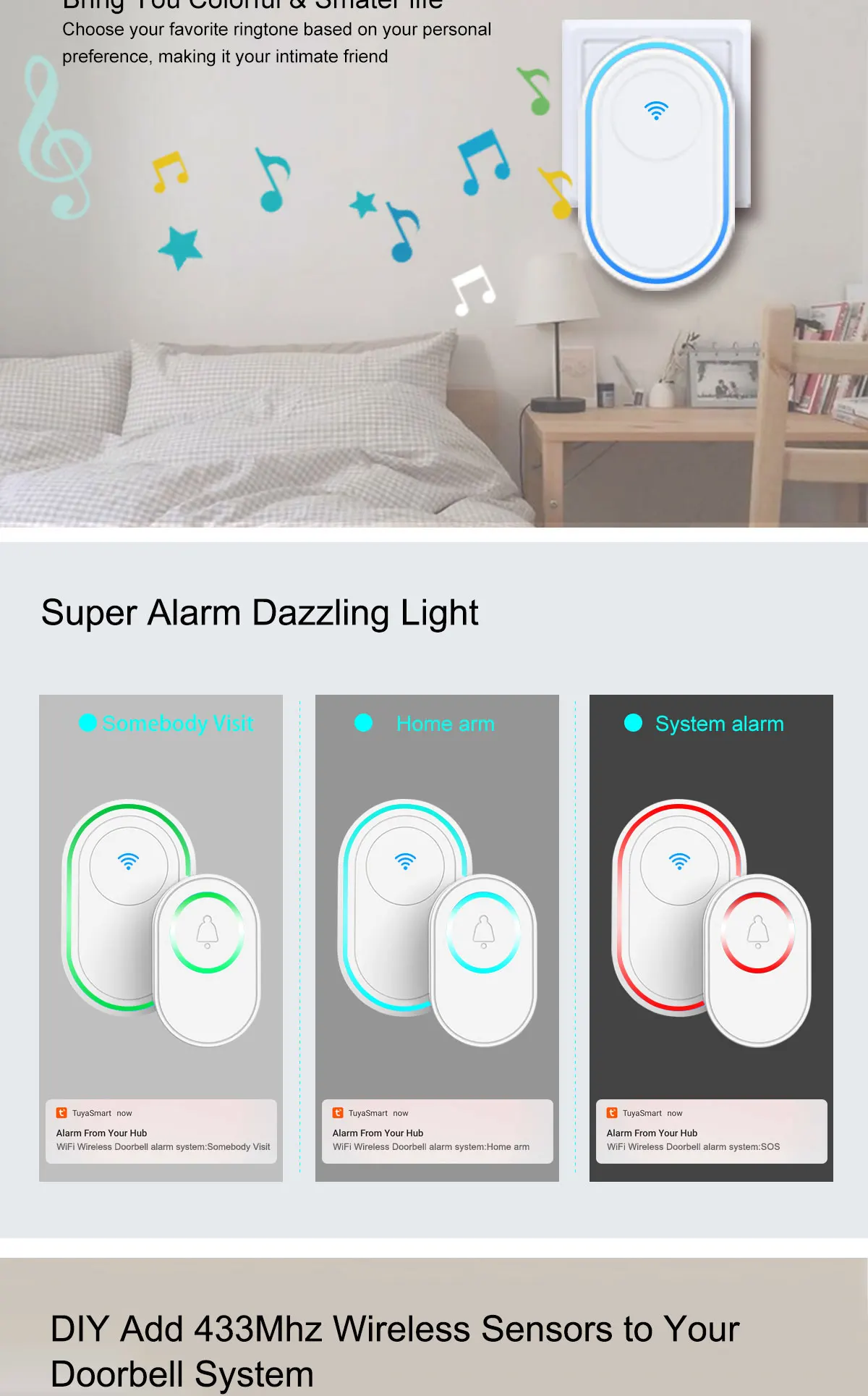 Sistema de Alarme Inteligente sem Fio 433mhz sem Fio Tuya Campainha Strobe Smartlife App 58 Som Compatível Detectores wi fi 2 58 som compatível 433mhz sem fio detectores