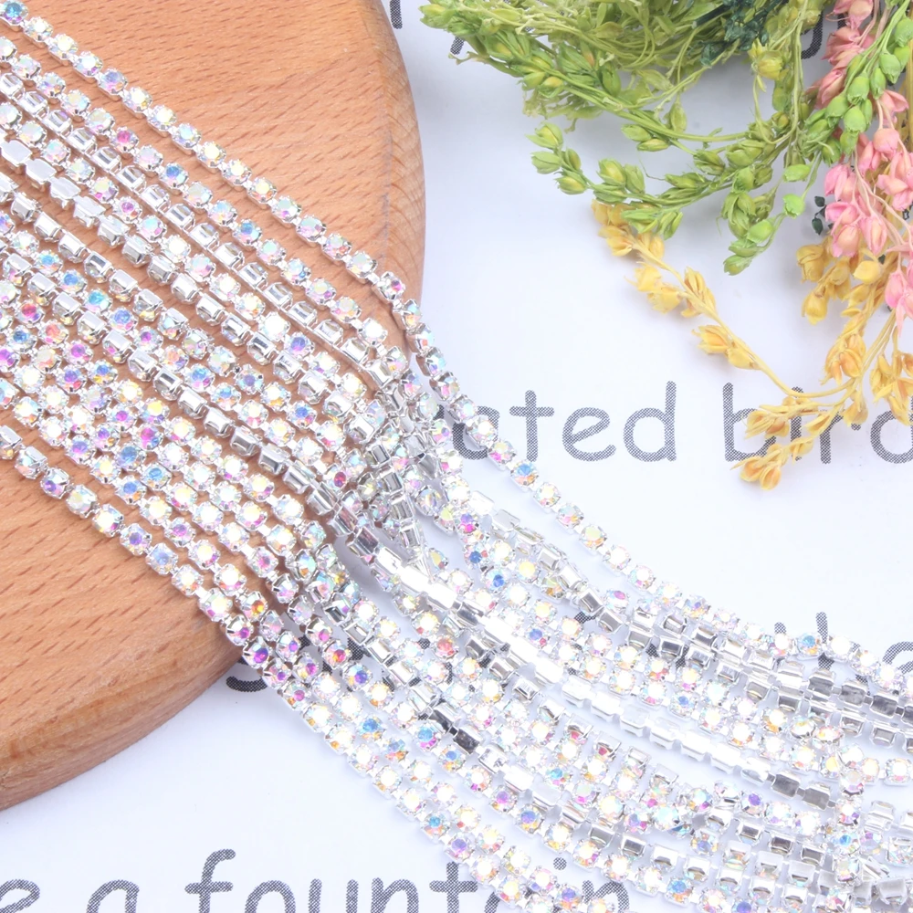 

Glass Rhinestones Silver Base Crystal Crystal AB 10M Length Chains Cup Chain Pointed Back Sewing Stones DIY Clothes Bags