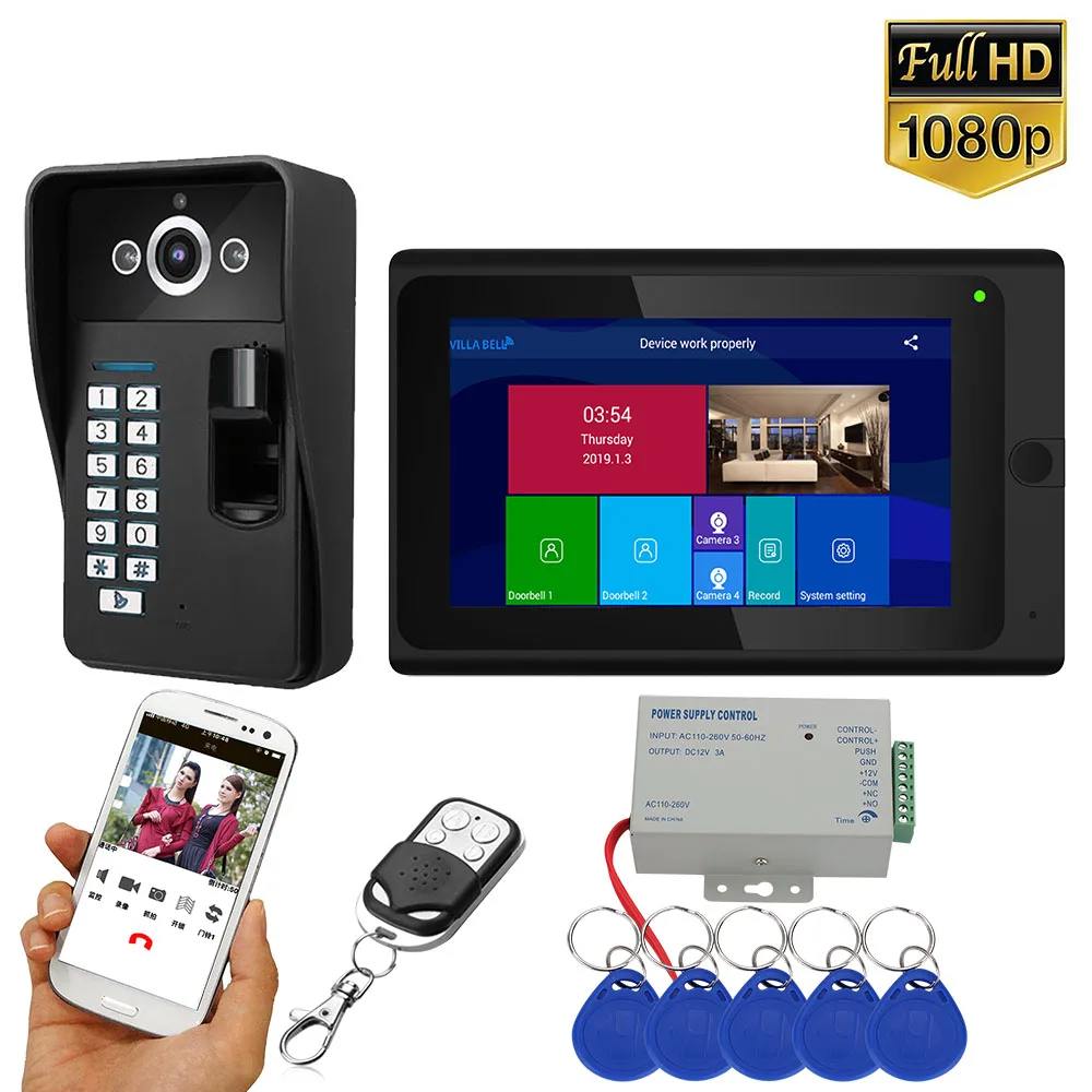 7 inch 2 Monitors Wifi Wireless Fingerprint RFID Video Door Phone Doorbell Intercom System with Wired HD 1080P camera