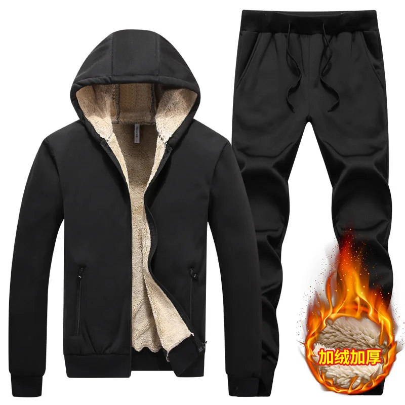 Tracksuit Jacket Casual-Sets Velvet Pants Sportswear Hooded Zipper Winter Men Mens New