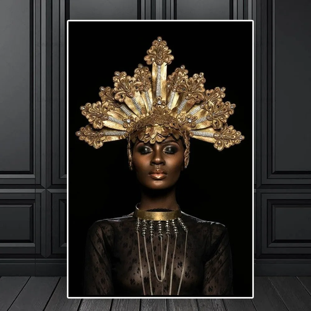 

Golden Crown African Woman Canvas Painting Black Gold Sexy Model Art Poster Home Wall Art Canvas Decoration Painting Pictures