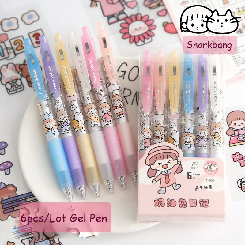 Sharkbang 6pcs/Lot 0.5mm Black Gel Pen Press Type Writing Pen Cream Rabbit Sketch Girls Pen Kawaii School Stationery Supplies sharkbang domi series 12pcs 24pcs 66pcs full set deco stickers korean kpop cool girls journal sticker diy posticards suppliers