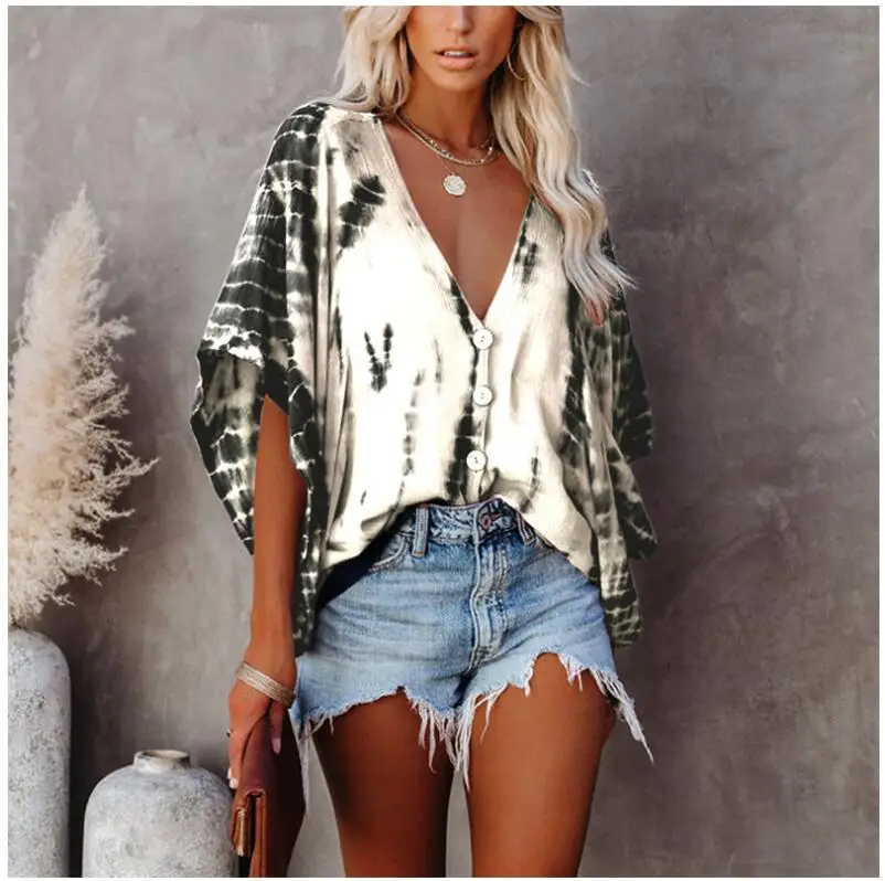 Blusa holgada informal con manga de murciélago para verano, camisa con estampado en seco para mujer, cuello en V, blusa básica suelta, 2020