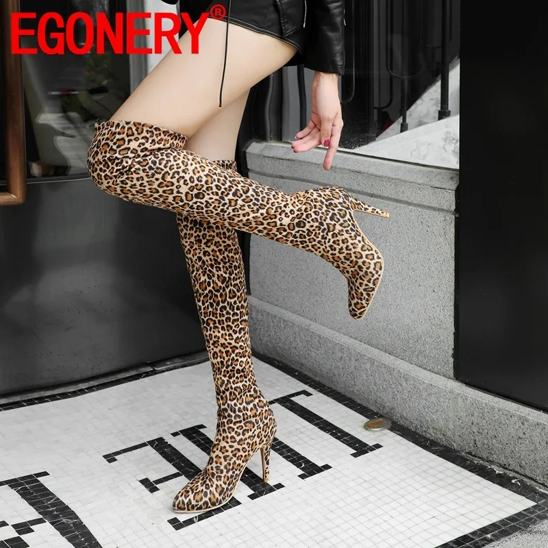 

EGONERY spring winter new fashion over knee boots outside super high heels pointed toe flock plus size women shoes drop shipping