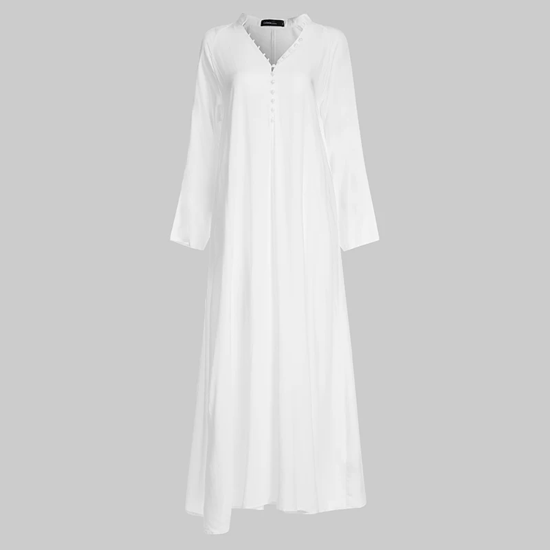 Women Long Shirt Dress Celmia Sexy V neck Long Sleeve Bohemian Party Maxi Dress Casual Buttons Pleated Vestidos Plus Size Robe - Цвет: Off White