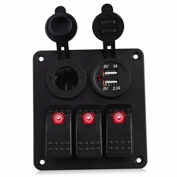 

Marine Boat Car Switch Panel with Cigarette Socket Dual USB Socket Charger LED Light On/Off 3 Gang Rocker Switch Panel
