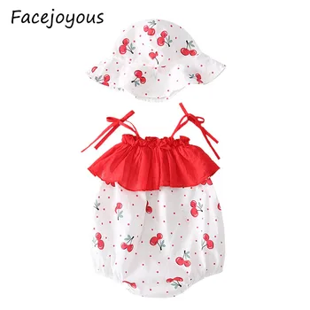

0-24M Baby Clothes Newborn Baby Girl Bodysuits Summer Cute Cherry Print Jumpsuit Cotton Infant Princess Sling Bodysuit+hat