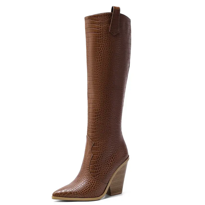 

Fashion Knee High Boots Faux Leather Autumn Winter Women Boots Fashion Wedges High Heels Long Boots Western Cowboy Zipper Shoes