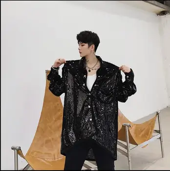 

Nightclub trend hair stylist sequin personality long-sleeved shirt Korean casual loose short short men's shirt