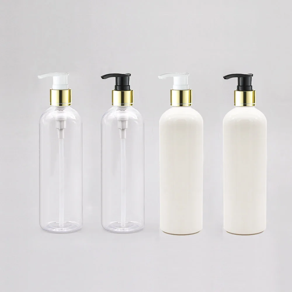

20pcs 300ml empty white plastic lotion shampoo bottle,300cc cosmetic container with gold collar electrified aluminum dispenser