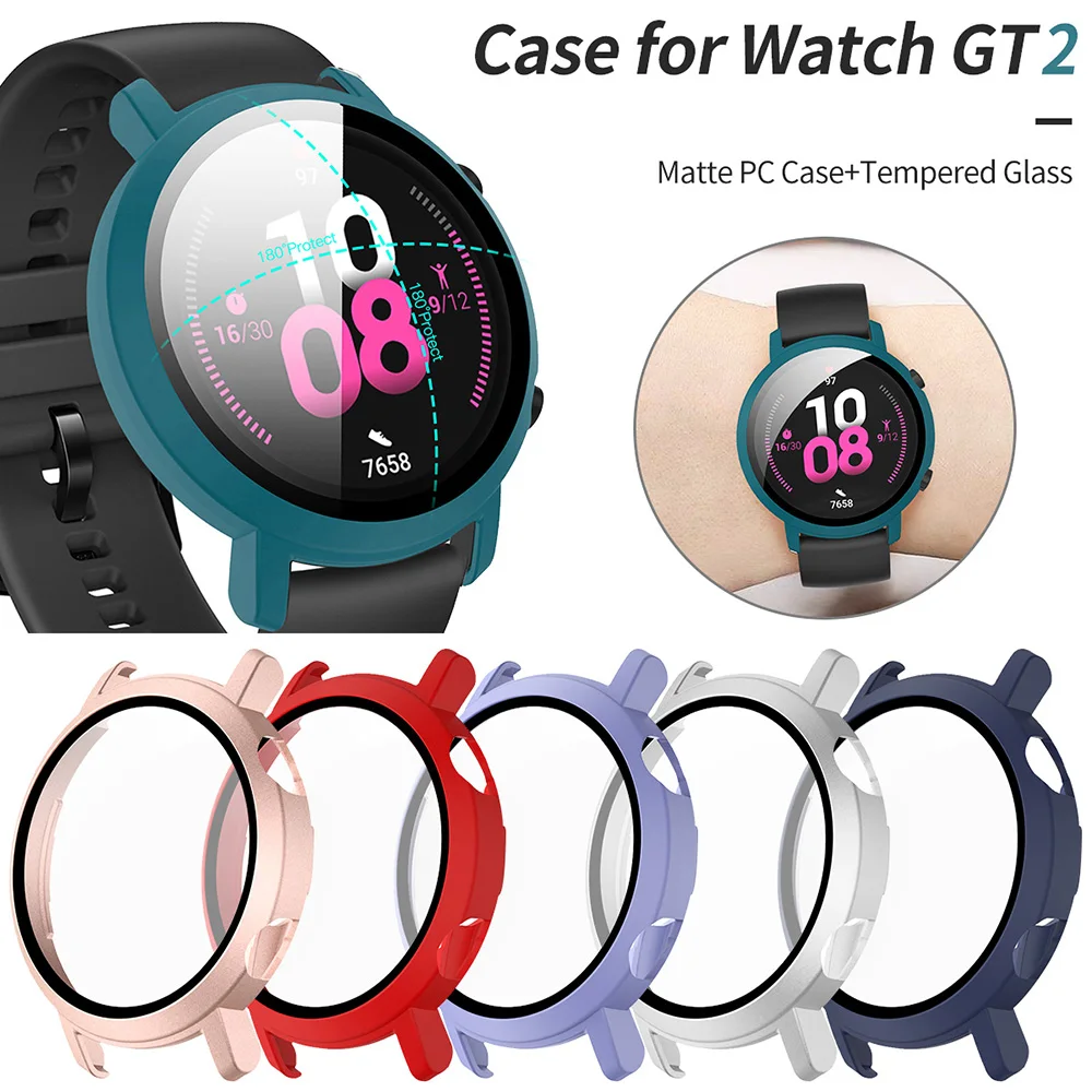 Funda de PC mate con película de vidrio templado para Huawei Watch GT 2, cubierta de 42mm y 46mm, Protector de pantalla GT2, carcasa de parachoques ligero