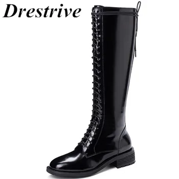 

Drestrive Women Knee High Boots Cow Leather Low Heels 4 cm Non Slip Winter Zipper Cross-Strap Black Cow Suede Female 2020 Spring