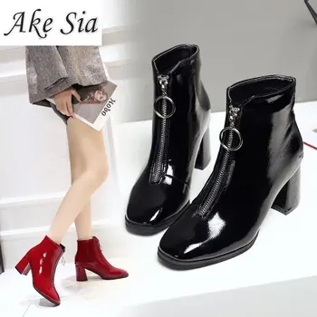 

2020 Brand Zipper Boots Woman Front Big Zipper Open Botas Mid-Calf Botines Winter Thick High Heels Patent Leather Martin Booties