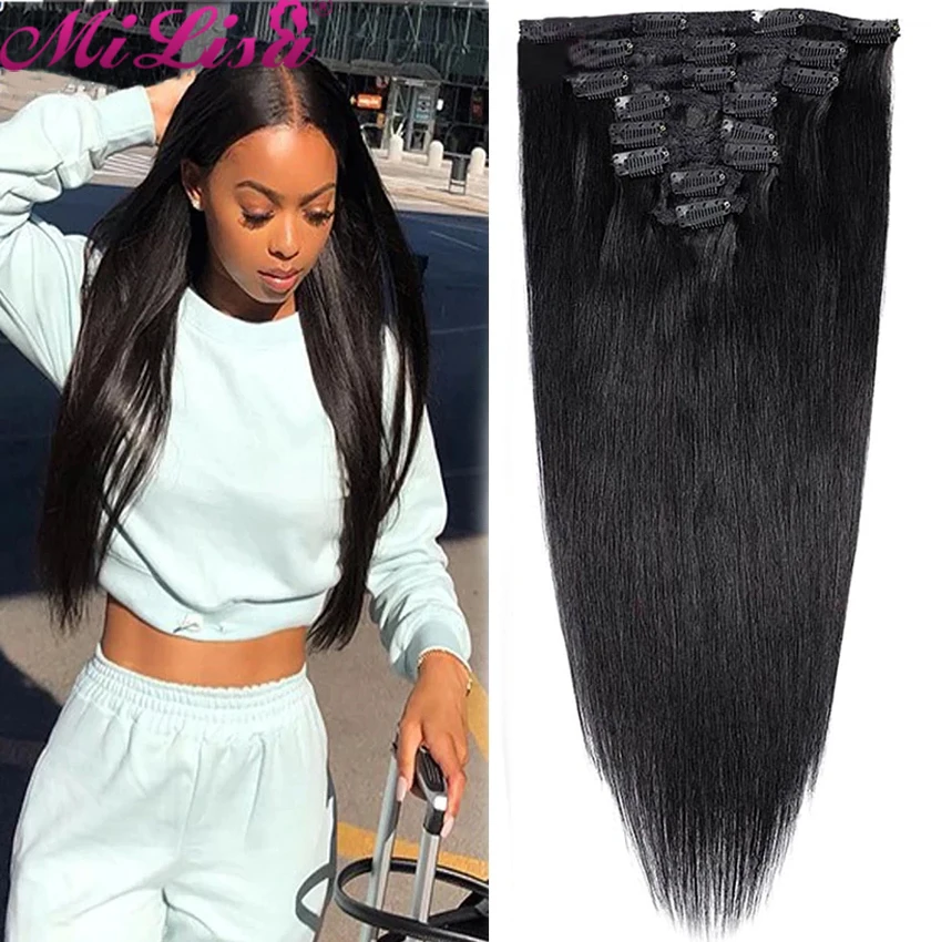 Straight Hair Clip Ins Human Hair Extensions Natural Color 8 Pieces/Set