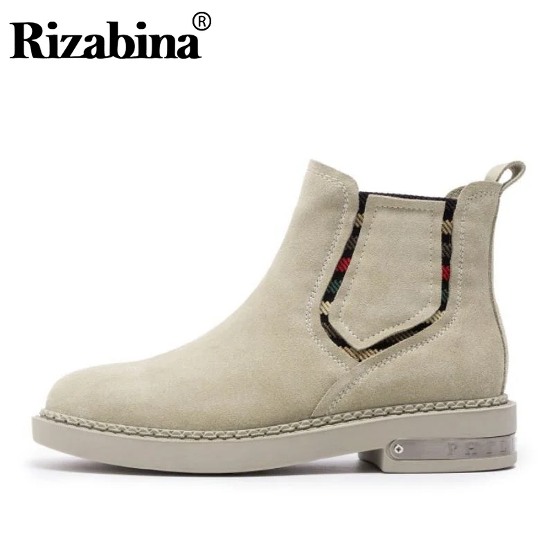

RIZABINA Simple Women Ankle Boots Genuine Leather Flats Shoes Round Toe Slip On Autumn Winter Warm Women Footwear Size 35-40