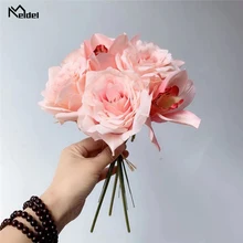 Искусственный цветок Meldel, букет цветов невесты, Шелковая Роза, Орхидея, фиолетовый, красный, сделай сам, для дома, вечерние украшения, товары для свадьбы
