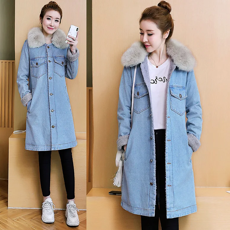 

2019 Winter New Style Korean-style Brushed And Thick Jeans Coat Cotton Coat Women's Mid-length Berber Fleece Large Fur Collar Co