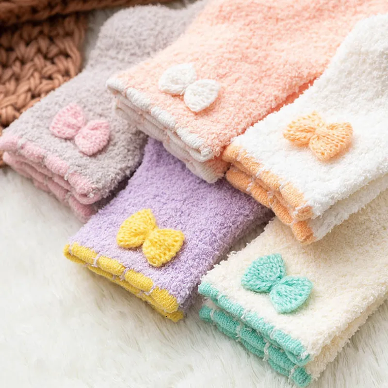 Японский стиль, женские бархатные носки кораллового цвета с бантом, однотонные повседневные домашние носки-тапочки для женщин, удобные теплые носки