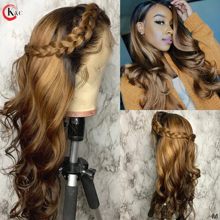 KungGang 13*6 8”-24&quot highlight Lace Front Human Hair Wigs With Baby Brazilian Middle Ratio Deep Part 130% 150% Density | Шиньоны и