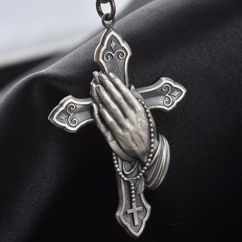 

Vintage Praying Hand Pendant Necklace With Cross Men Women Ethnic Hip Hop Charm Jewelry Necklace Chain For Gifts