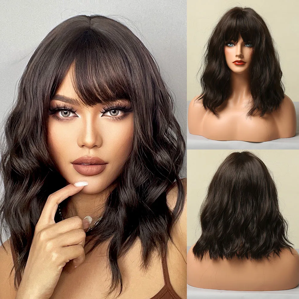 ALAN EATON Medium Water Wave Synthetic Wigs with Bangs Natural Dark Brown Bob Daily Hair Wigs for Women Heat Resistant Fiber