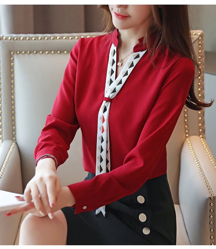 Dingaozlz blusa feminina Elegant Chiffon shirt Long sleeve Ladies blouse Red White Office lady shirt Patchwork Women Tops - Цвет: wine red