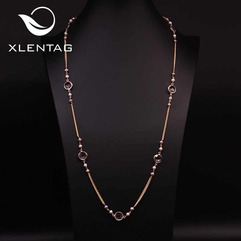 XlentAg Natural Purple White Pearls Long Statement Chain Necklaces Boho Glass Crystal Wedding Gifts Women Luxury Jewelry GN0184 | Украшения