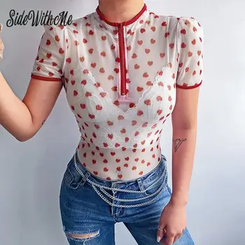 

Ladies Print Bodysuit Fashion Sweet Bodycon Zipper O-Neck Bodysuit Women Mesh Transparent Long Sleeves Chic Skinny Bodysuits