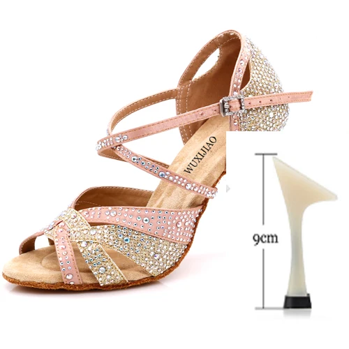 Gold heel 9cm WUXIJIAO доступно в черном и белом цвете, кроссовки женские танцевальные туфли для джаз, сальса Латина Танцы обувь квадратный Обувь для танцев со стразами свежий Цвет - Цвет: Gold heel 9cm