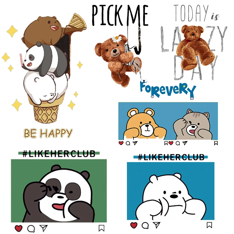 

Cute Bear Patch stickers Iron on Transfers Patches For Clothes Stripes Panda Applique DIY Heat Transfer Patch On Children Tshirt