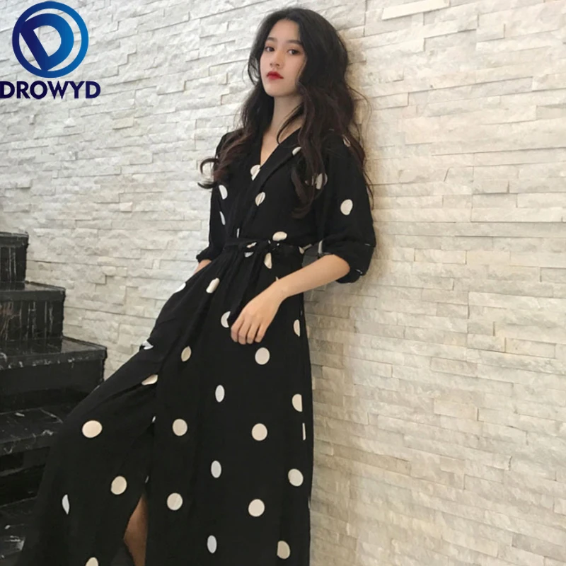 4XL платье большого размера для Женщин Осеннее повседневное Boho свободное платье в горошек с длинным рукавом и v-образным вырезом элегантные Клубные платья для вечеринок Vestidos