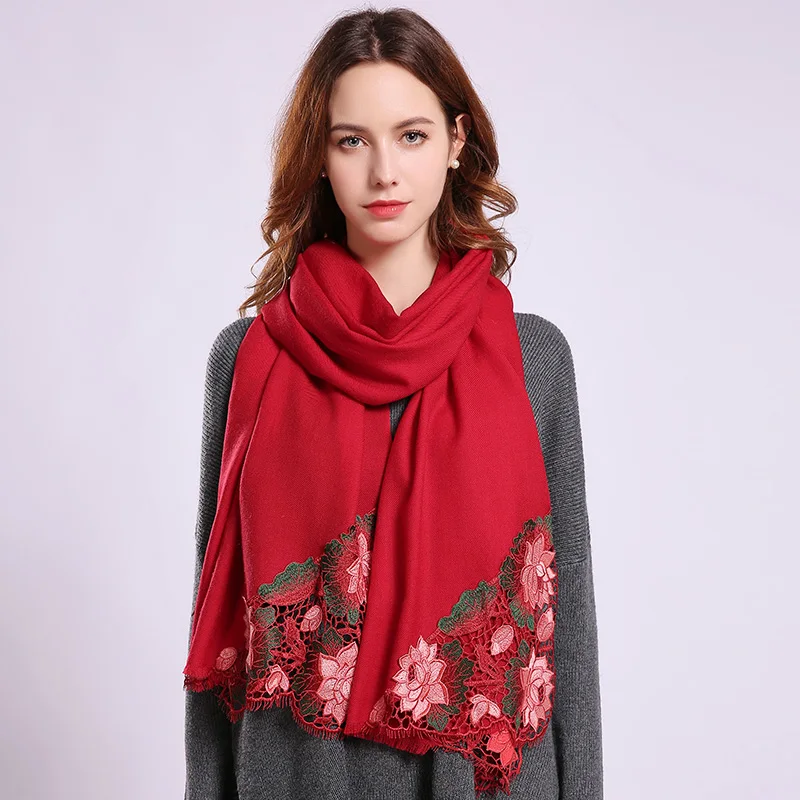 Women Wool Scarf New Red Warm Shawl Wraps Flower Pashmina Bride Bridesmaid Shawl Winter Warm Embroidery Wool Scarves - Цвет: Red