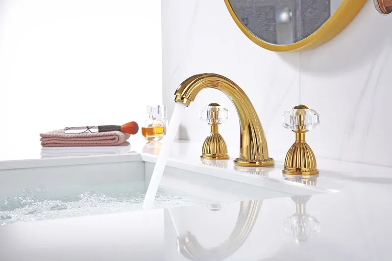 

GOLD PVD 3 Holes WIDESPREAD 8" LAVATORY BATHROOM WASHBASIN SINK FAUCET CRYSTAL HANDLES DECK MOUNTED LUXURY MODERN FAUCET